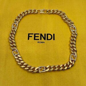 Authentic FENDI women's necklace cuban chain FF signature charm choker